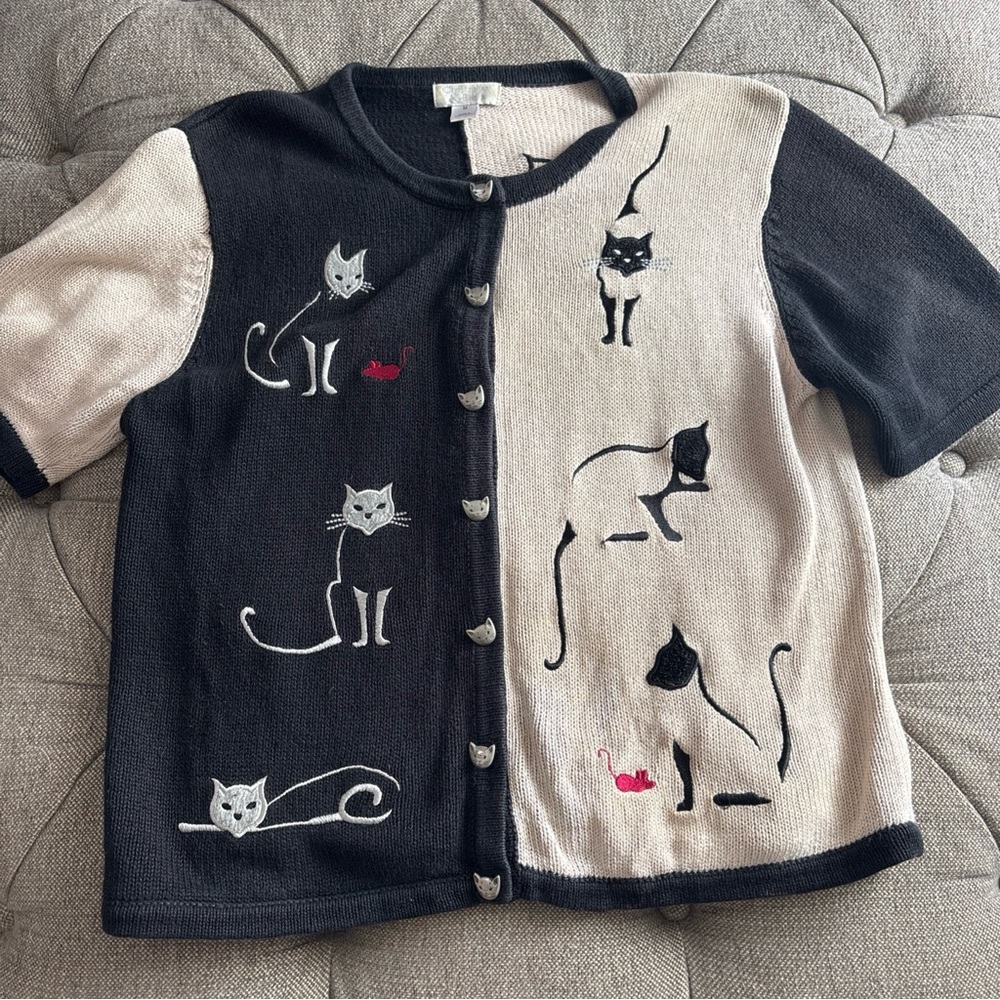 Christopher & Banks Short Sleeve Cat Sweater Novelty